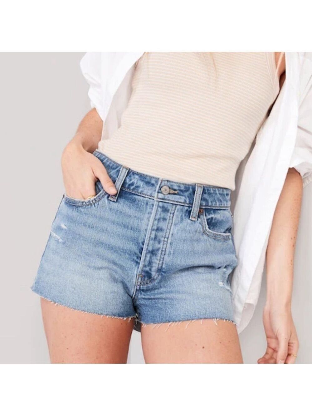 Old Navy High-Waisted OG Straight Button-Fly Distressed Medium Wash Jean Shorts